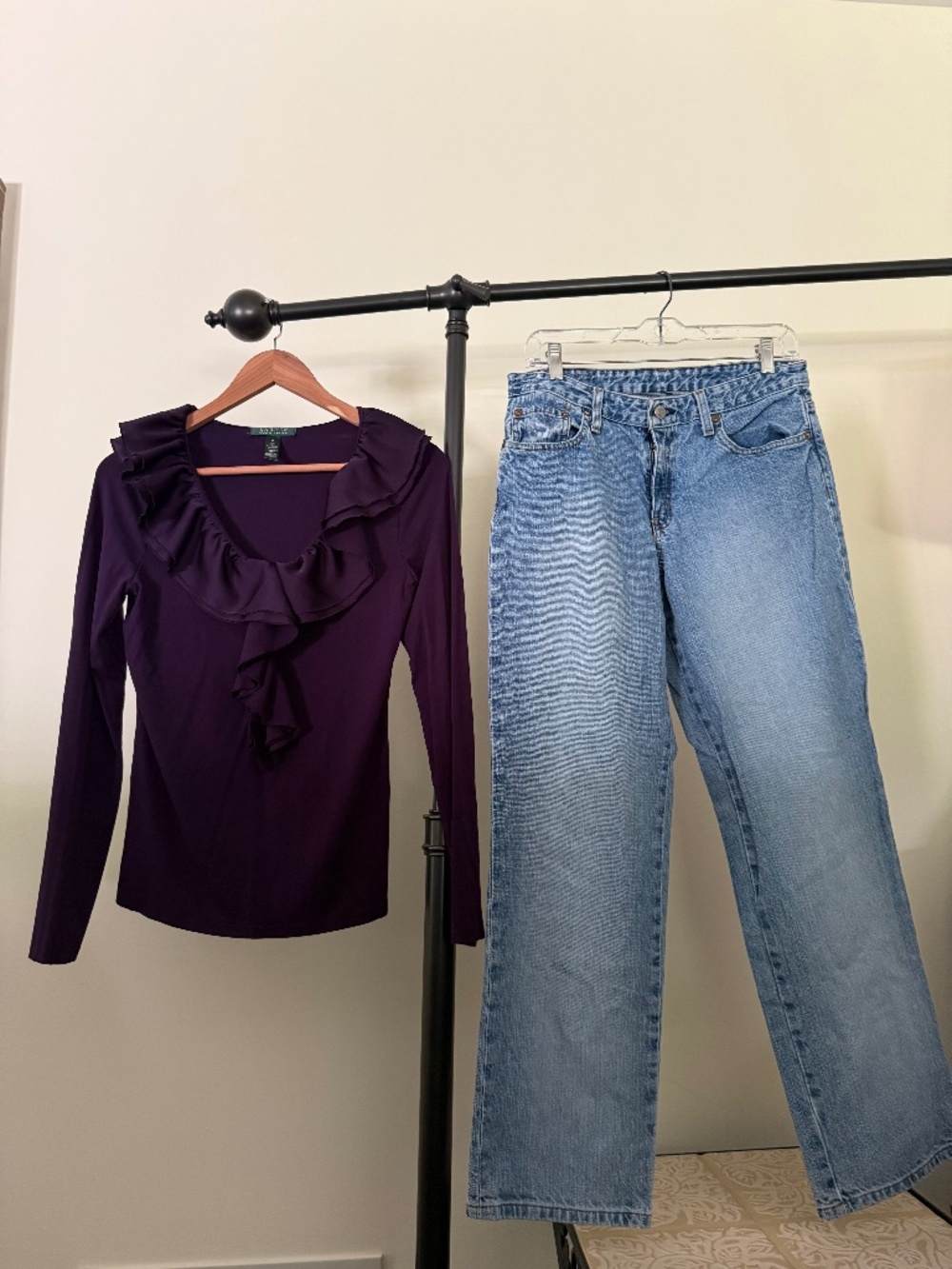 Lauren Ralph Lauren Purple Ruffle Blouse & Light Wash Denim 2-Piece Outfit Set